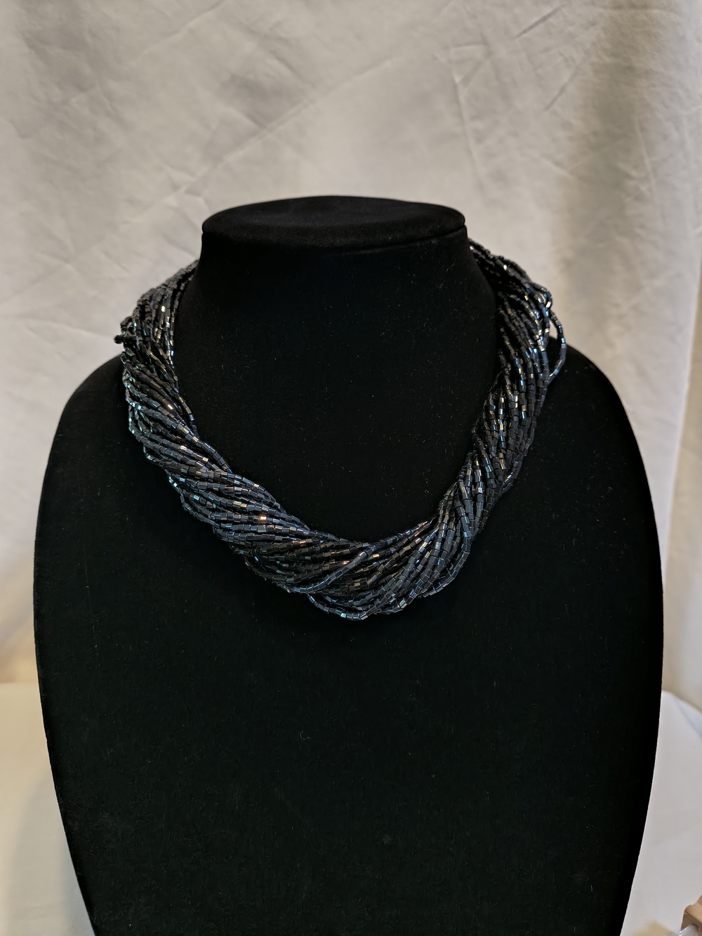 Twisted Multi-Strand Black Cyclinder Beaded Necklace - with Metallic Accents